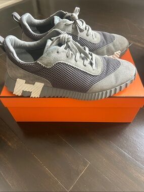 Hermes Men's Grey Mesh & Suede Sneakers - Box, Dust Bags, New Laces included